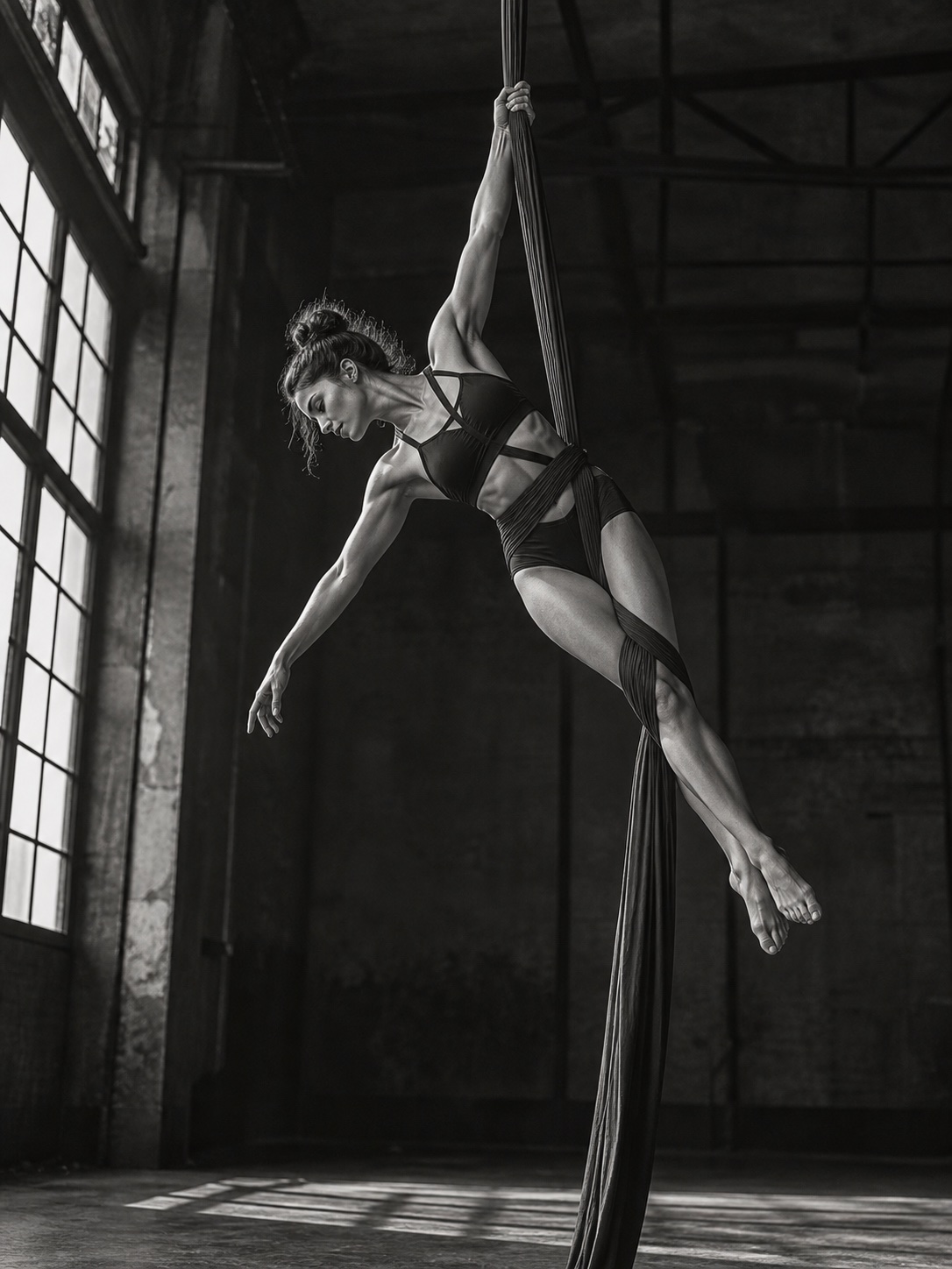 Aerial artist suspended diagonally from silks in a rehearsal studio