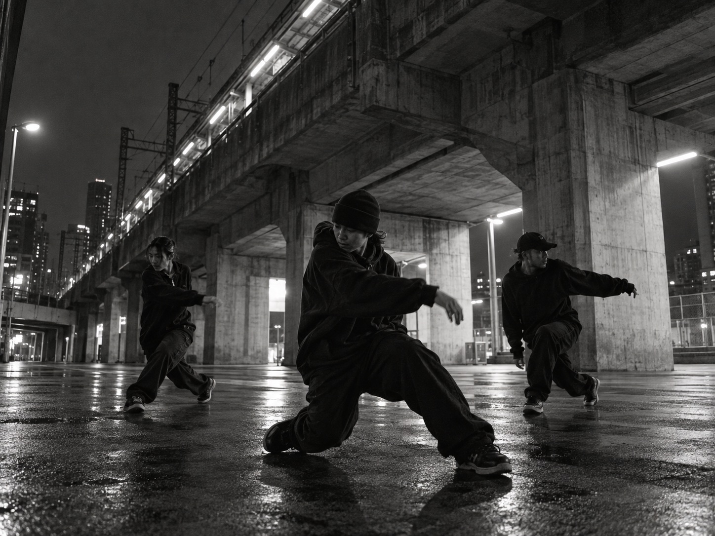Dancers rehearsing under elevated train tracks at night