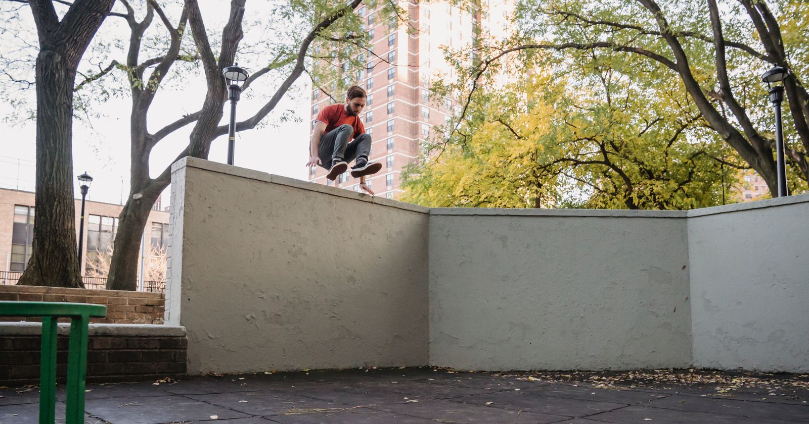 Parkour athlete moving through an urban environment